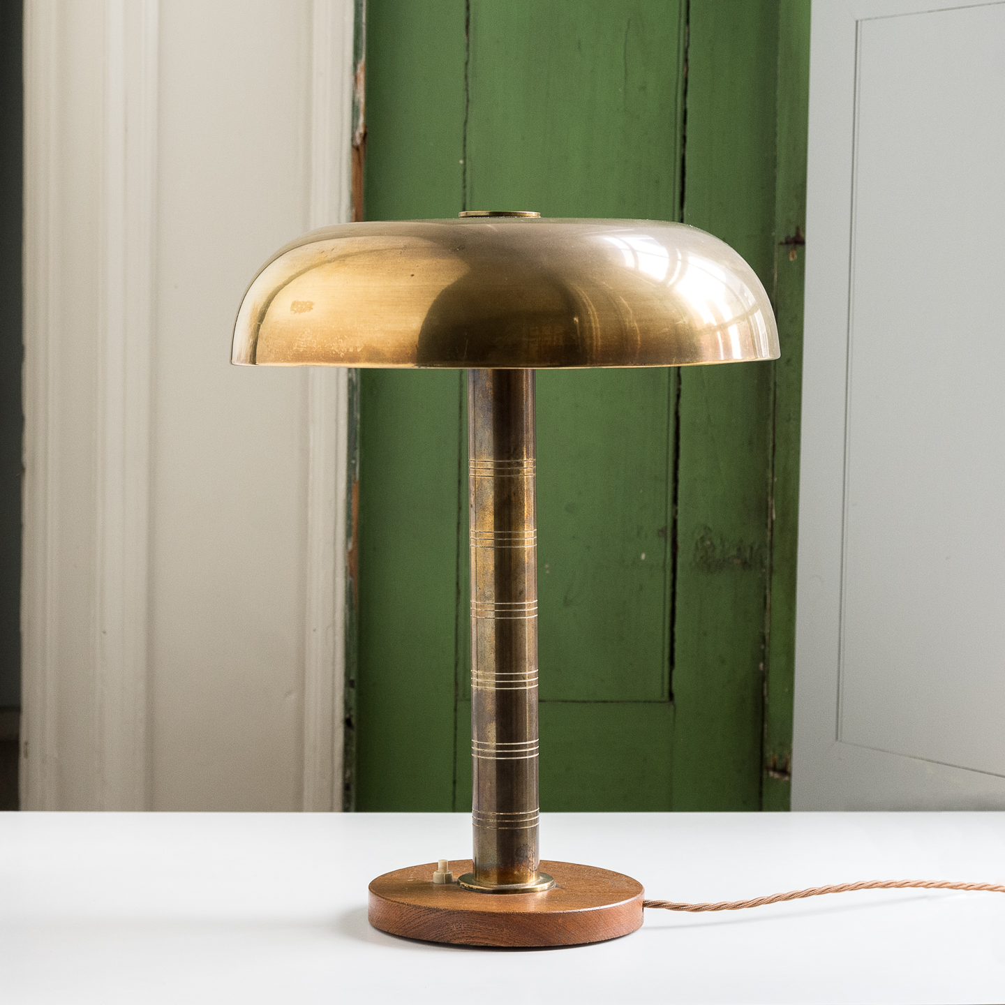 Mid Century Brass Mushroom Lamp, Mid Century Teak Brass Lamp
