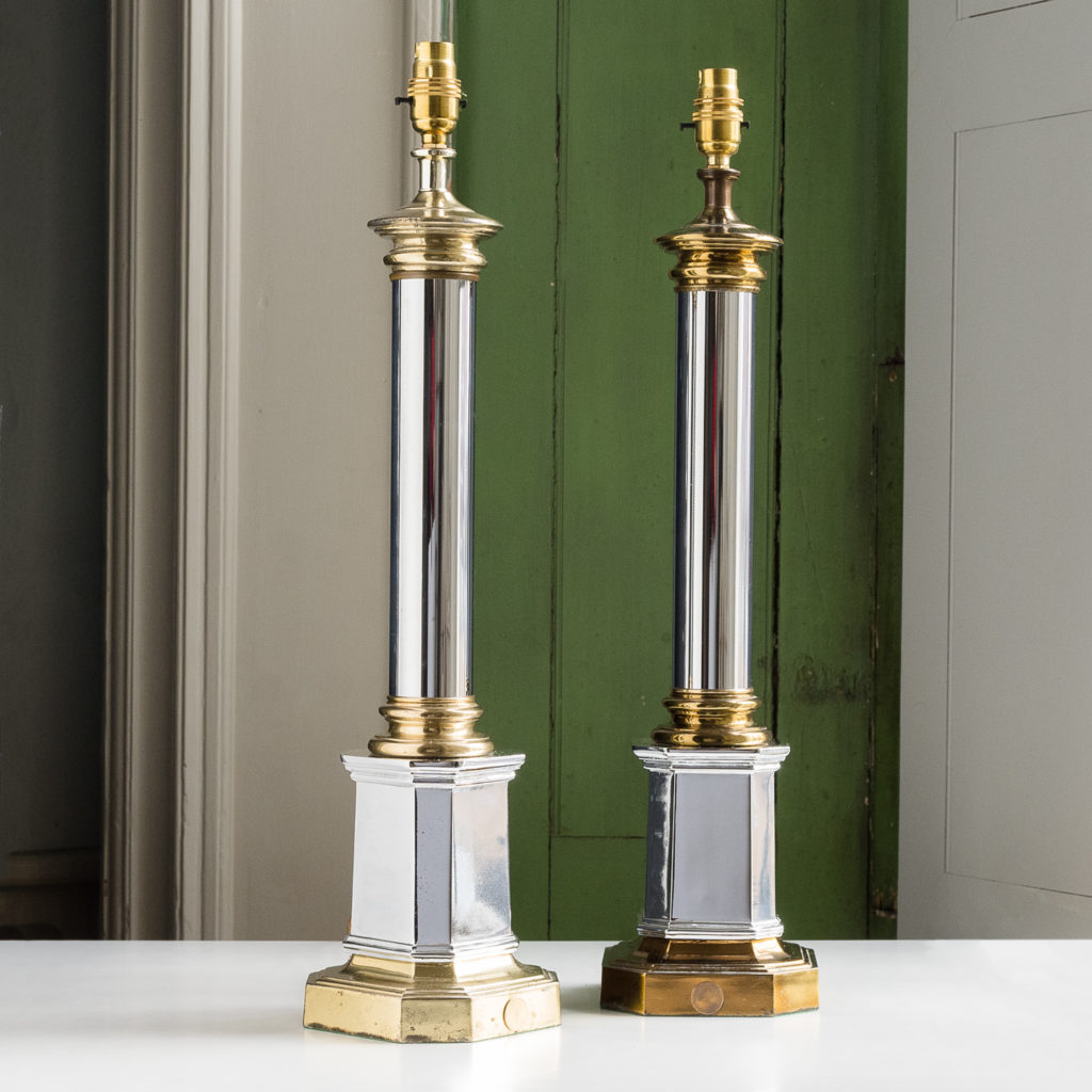 Pair of chrome and brass table lamps
