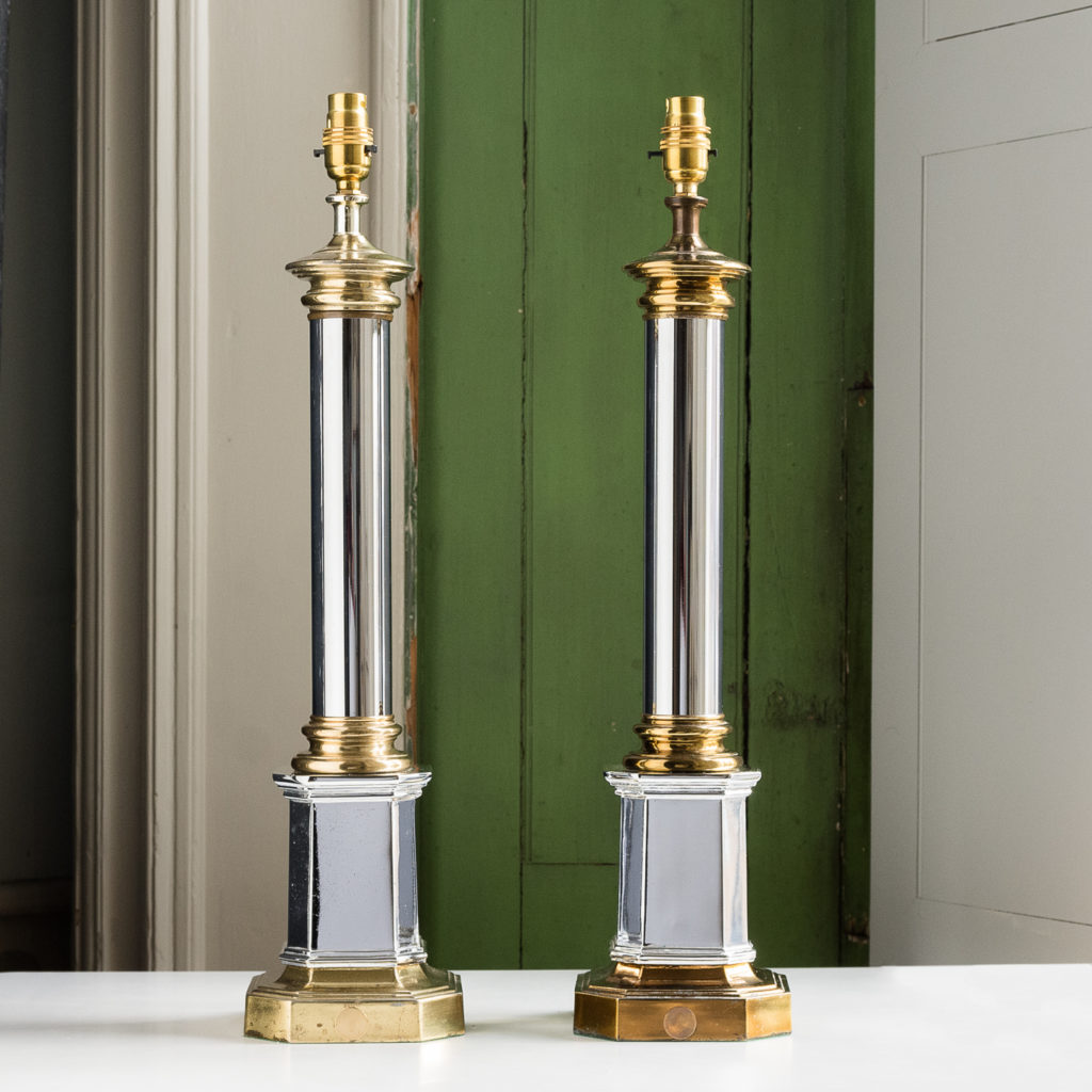 Pair of chrome and brass table lamps