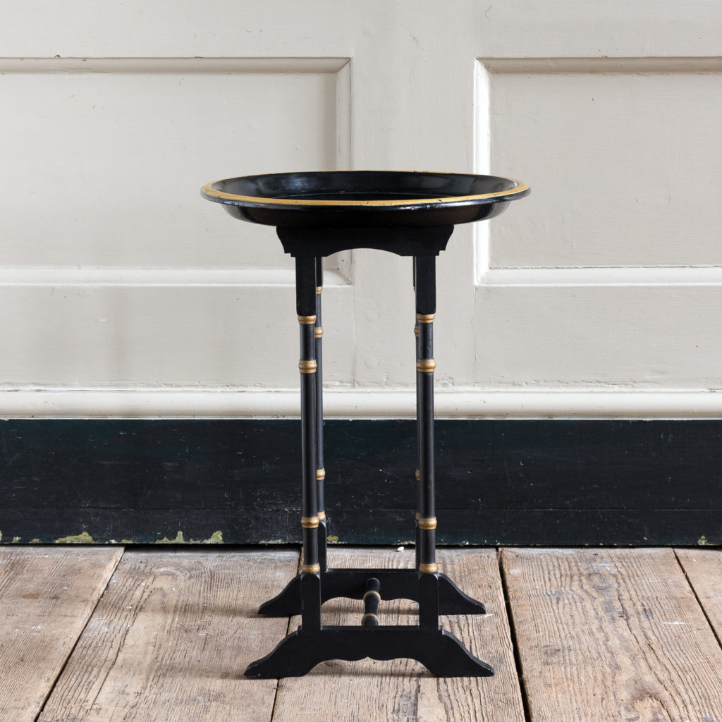 Victorian style ebonised and parcel-gilt tray top table