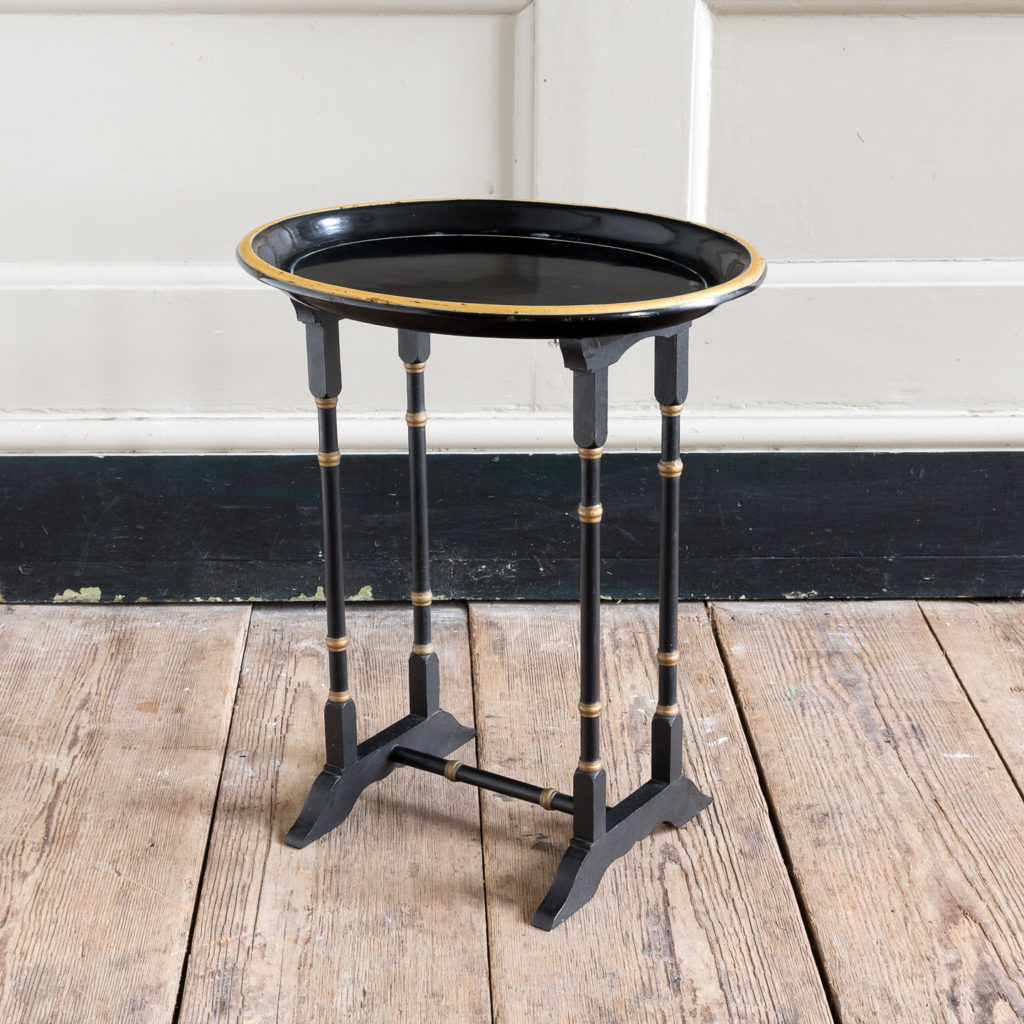 Victorian style ebonised and parcel-gilt tray top table