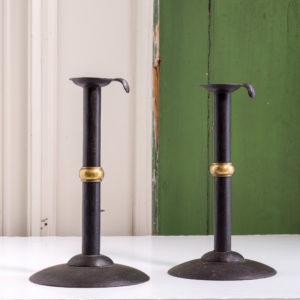 Sheet iron and brass collared hog scrapper candlesticks