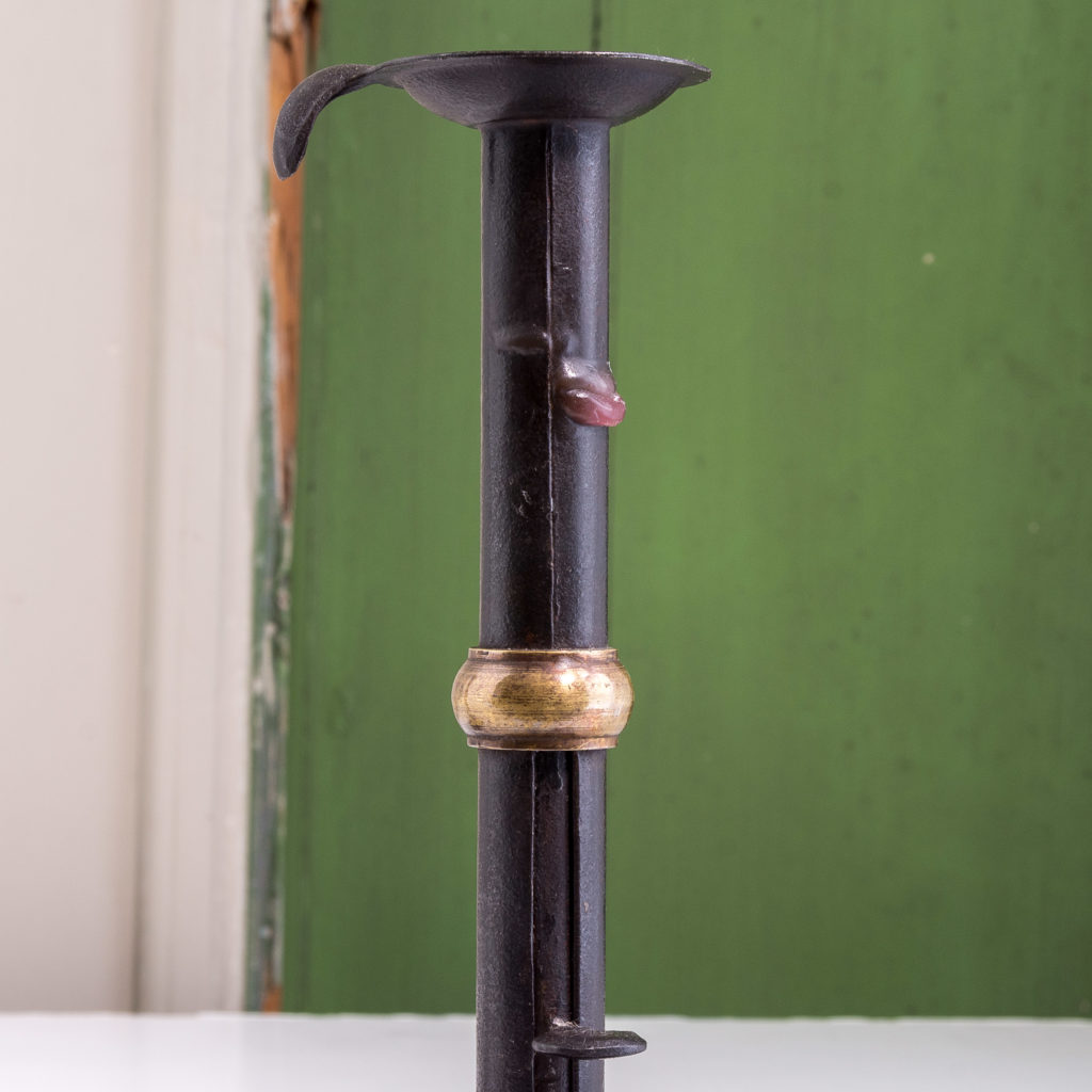 Sheet iron and brass collared hog scrapper candlesticks