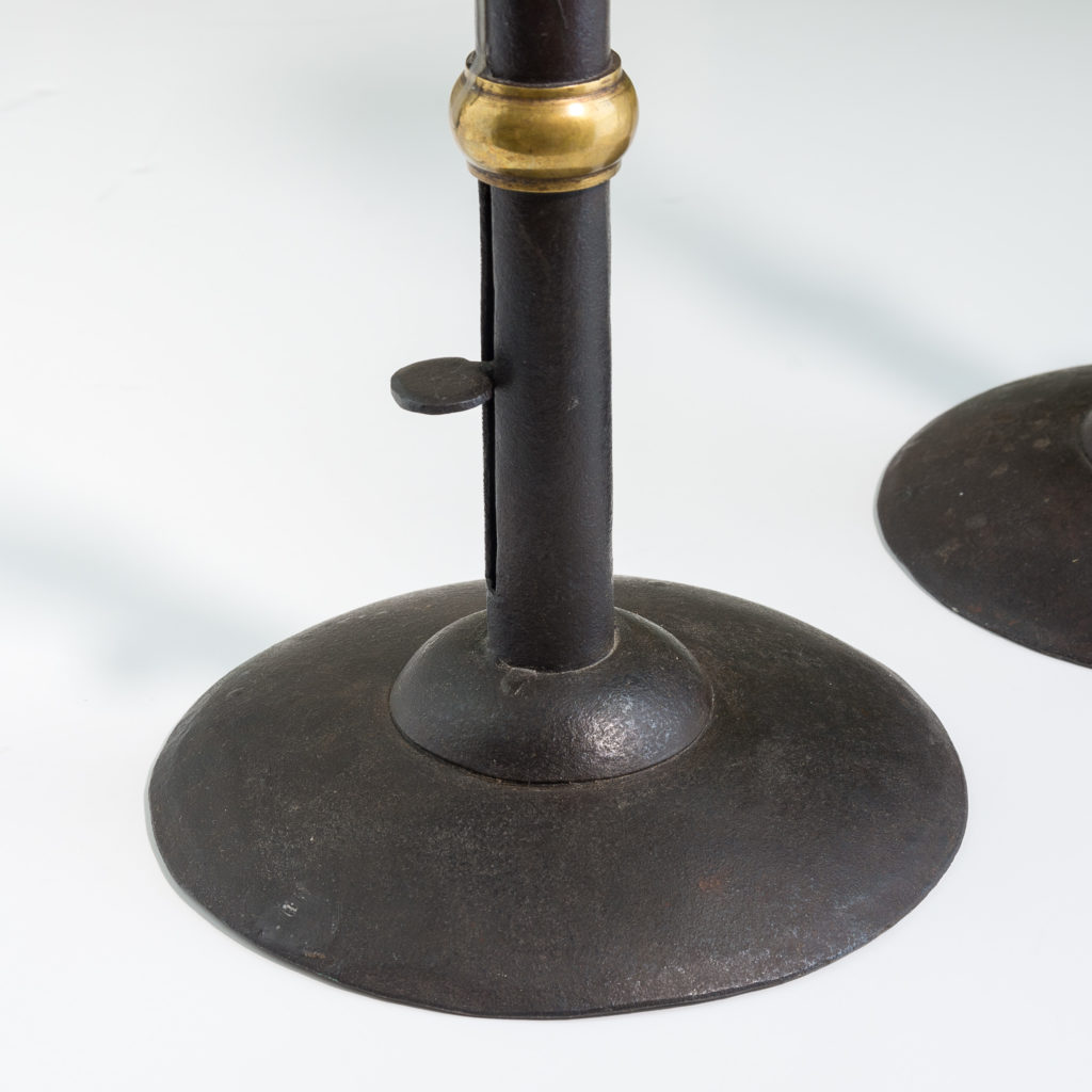 Sheet iron and brass collared hog scrapper candlesticks