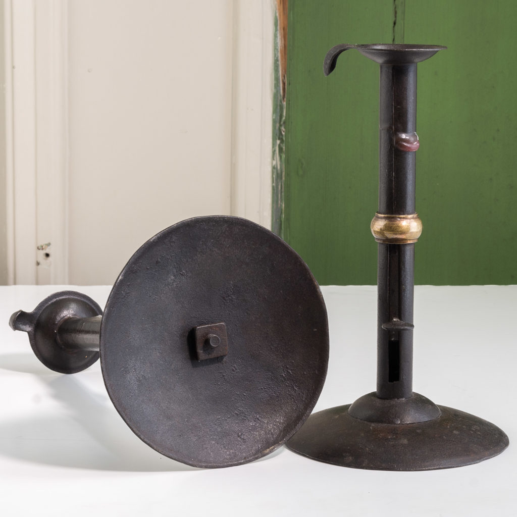 Sheet iron and brass collared hog scrapper candlesticks