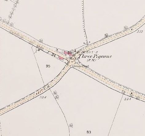 The Three Pigeons on an 1881 map. Nb the road alignment has changed since – the pub is no longer directly on the corner and there is no longer a building opposite..