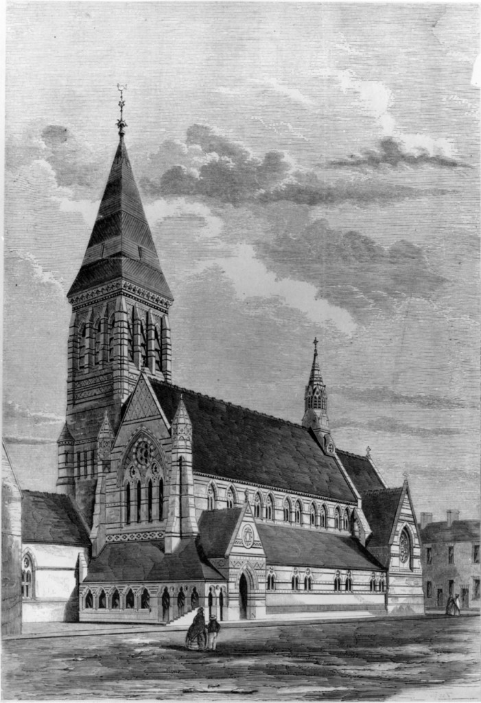 Etching showing Brook’s envisioned completed church. The colossal bell-tower was never built.