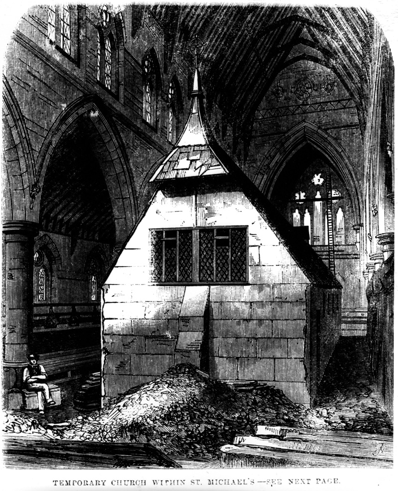 Etching from London Illustrated News showing the temporary church built by Brooks in order the construction work could continue around it.