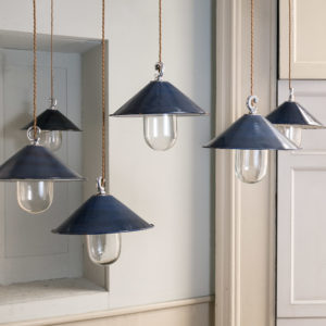 Reclaimed small blue enamel pendant lights,