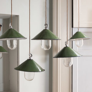 Reclaimed small green enamel pendant lights,