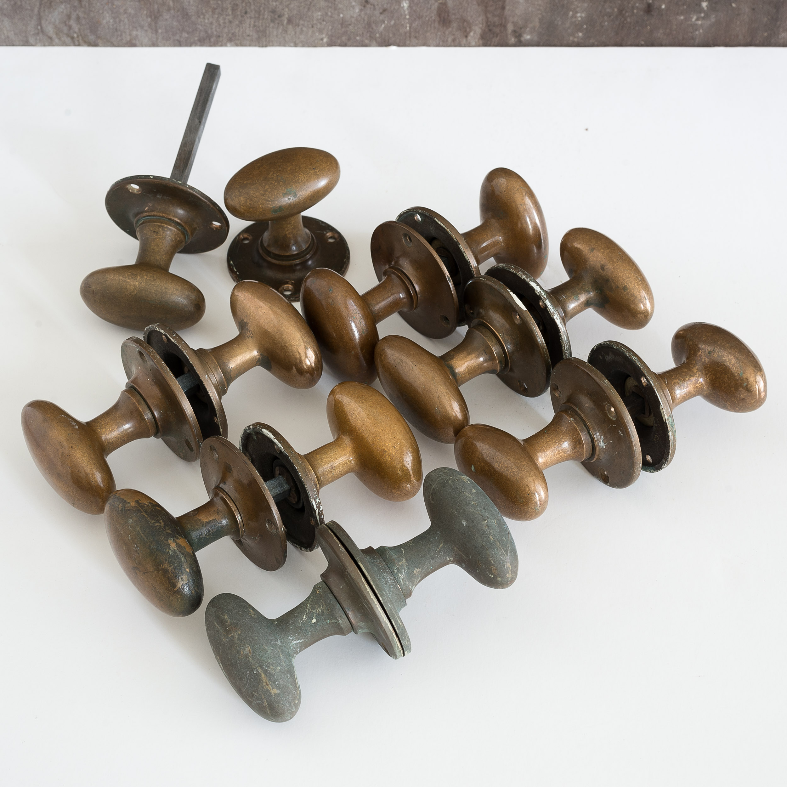 Set of midtwentieth century patinated brass door knobs, LASSCO