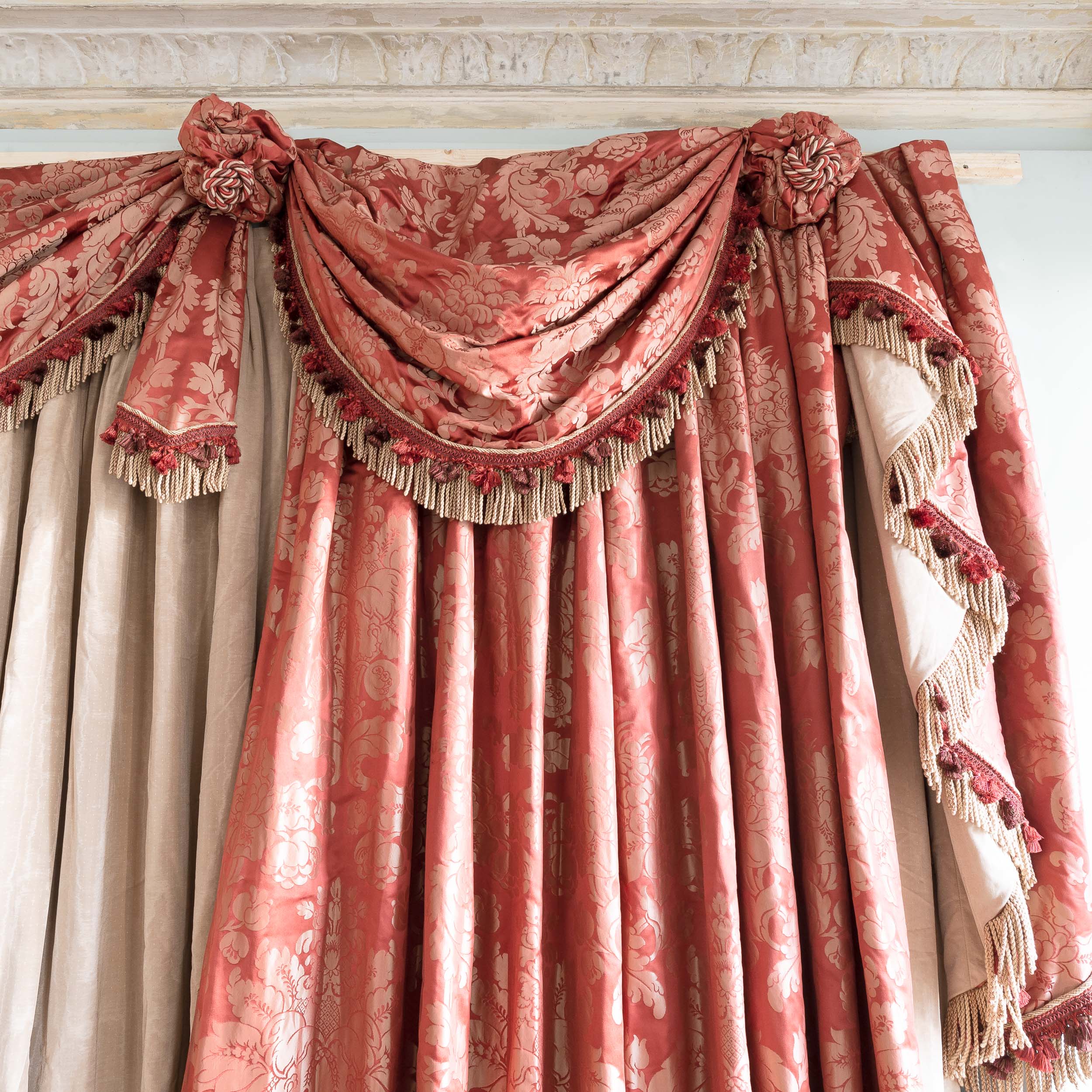 Suite of double hung silk damask curtains - LASSCO - England's