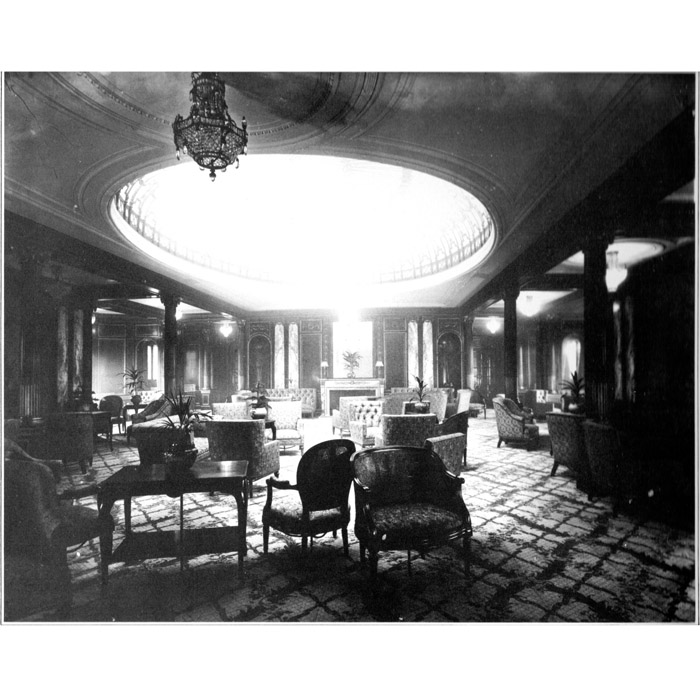 An evocative image of the top-lit 1st Class Lounge of the Mauretania