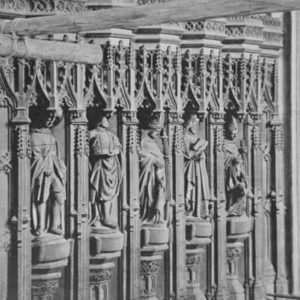 Victorian photograph from wooden scaffolding of the triforium of the Lady Chapel - St Augustine is the furthestmost figure.