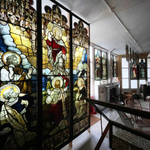 Stained glass on display at LASSCO Three Pigeons